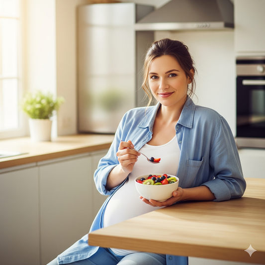 Mujer embarazada aliviando el estreñimiento con una dieta saludable rica en fibra.